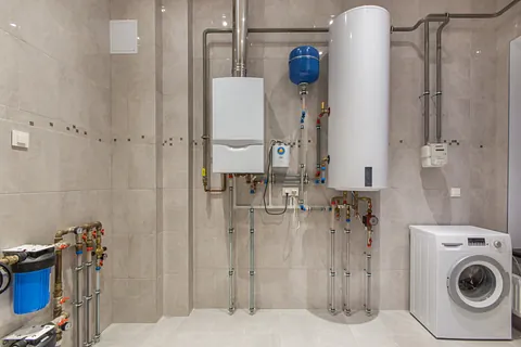 Vägghängd gaspanna och elektrisk varmvattenberedare i pannrum